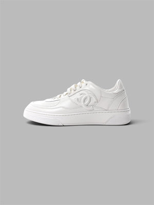 Chanel CC Logo Leather Low-Top Sneaker - All White
