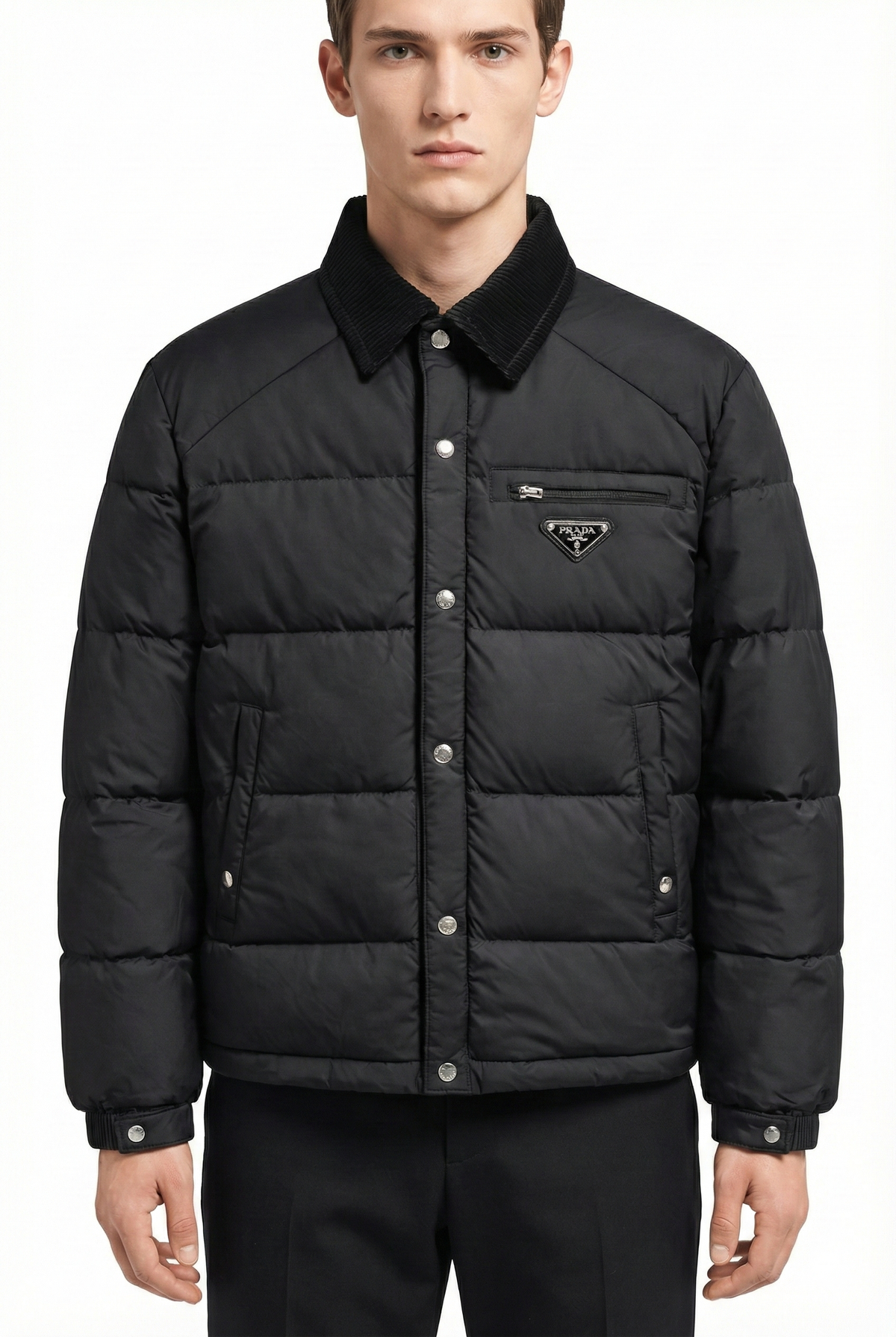 Prada Nylon Puffer Jacket with Corduroy Collar