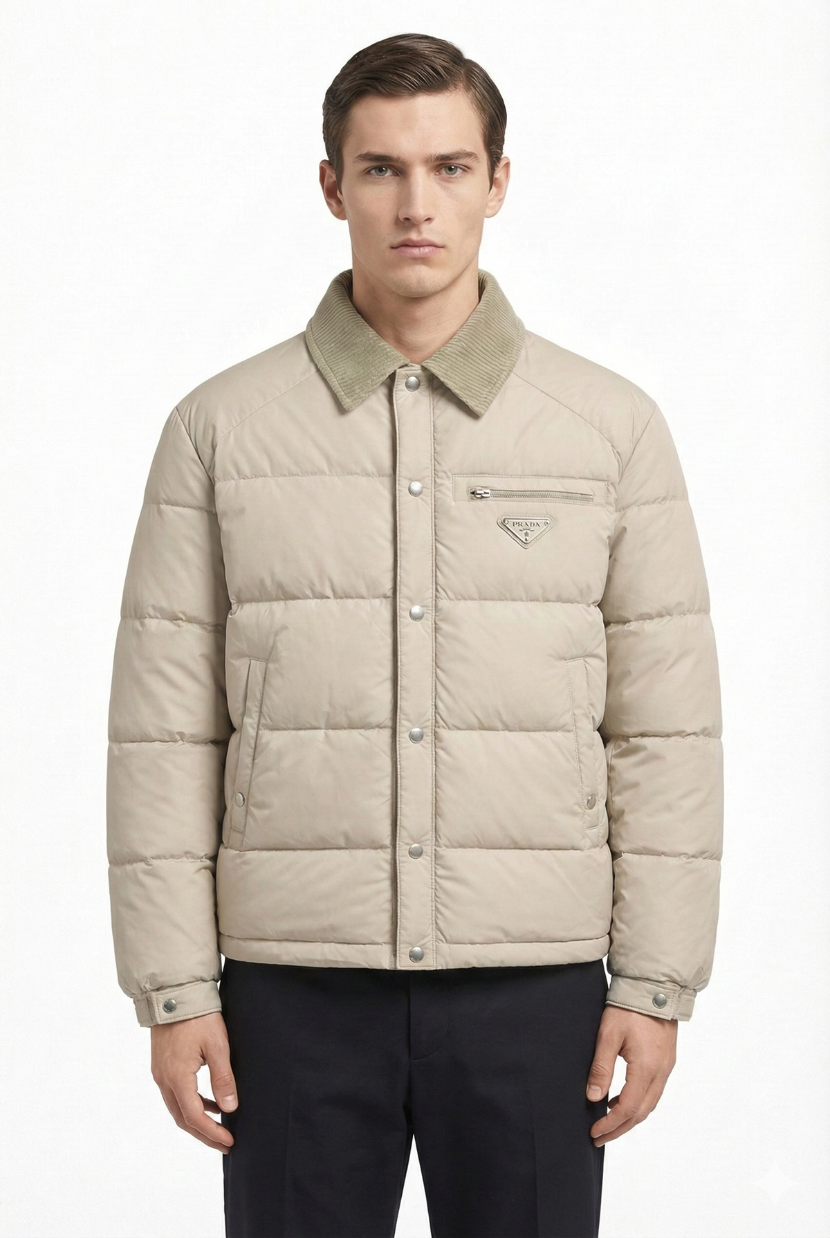 Prada Nylon Puffer Jacket with Corduroy Collar
