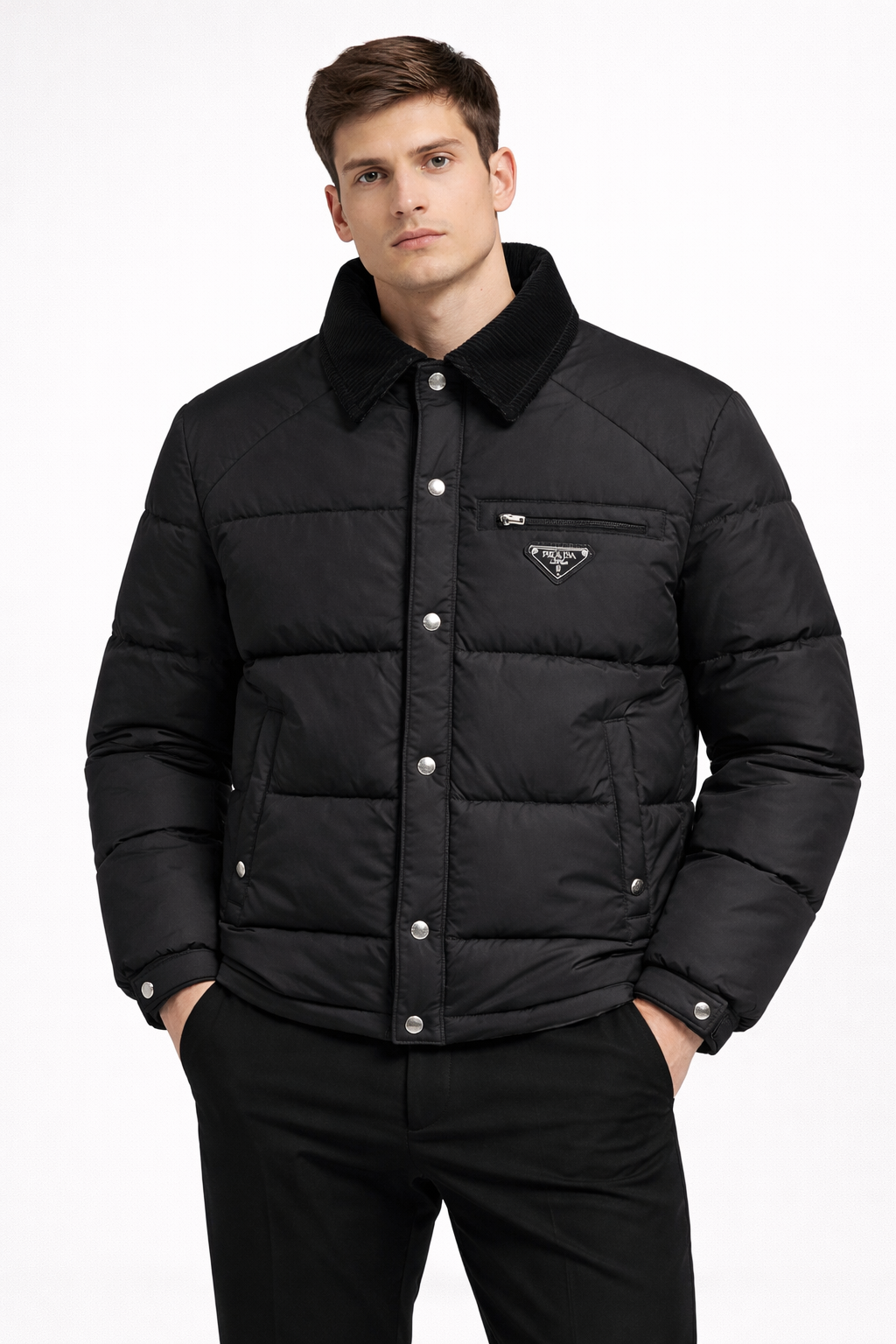 Prada Nylon Puffer Jacket with Corduroy Collar