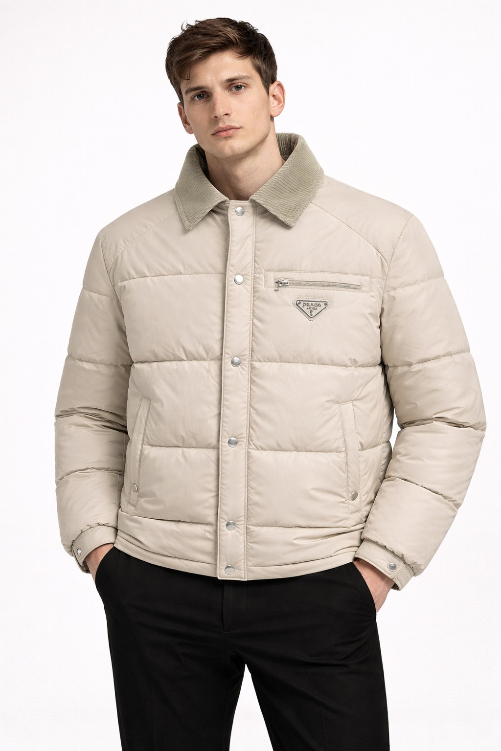 Prada Nylon Puffer Jacket with Corduroy Collar