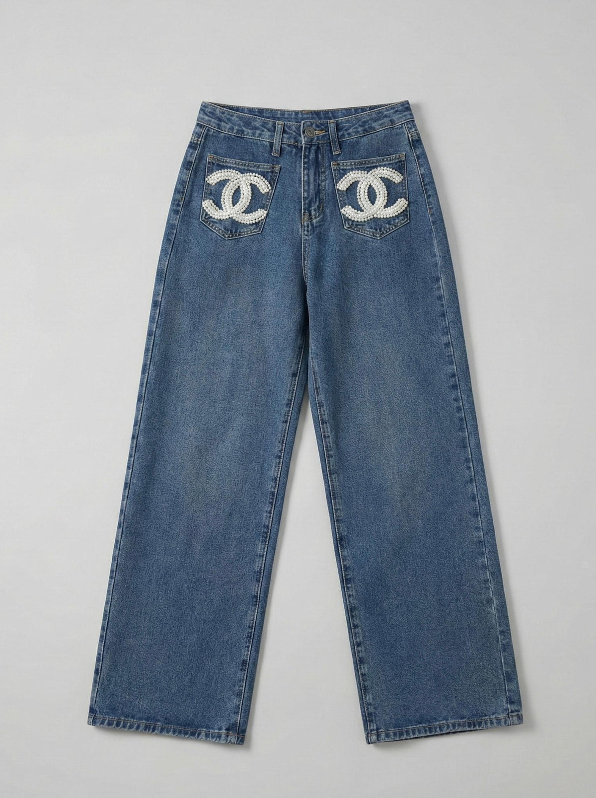 Chanel Wide-Leg Jeans with CC Logo Front Pockets