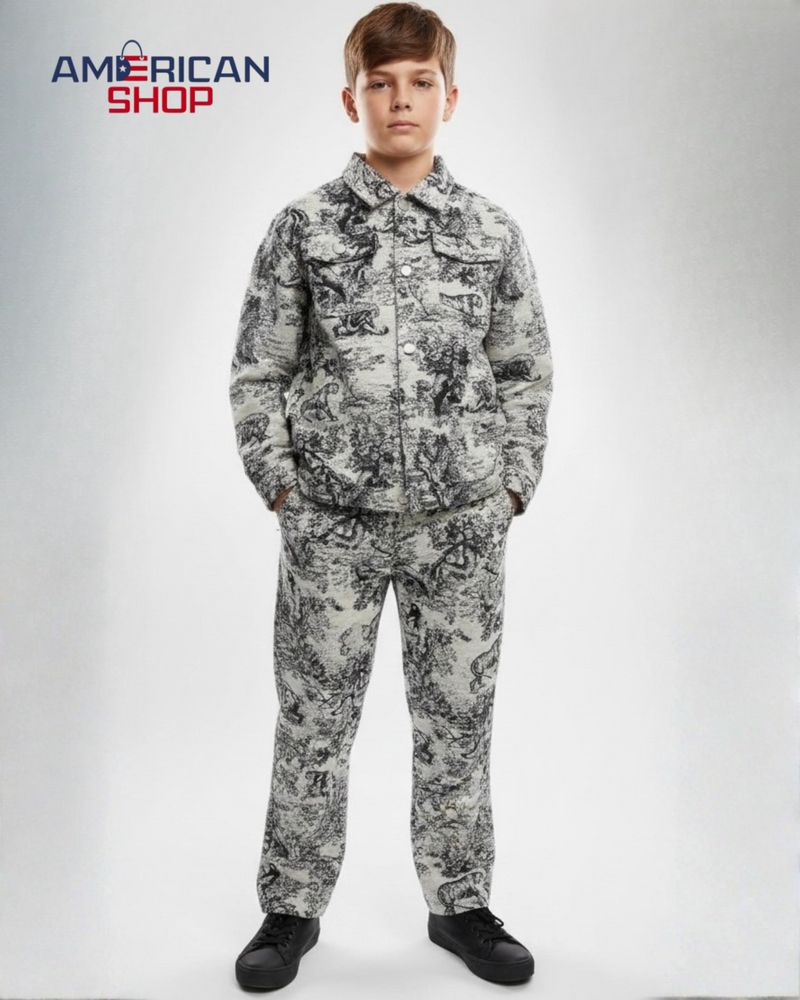 Dior Kids' Grey Toile de Jouy Denim Jacket & Pants Set