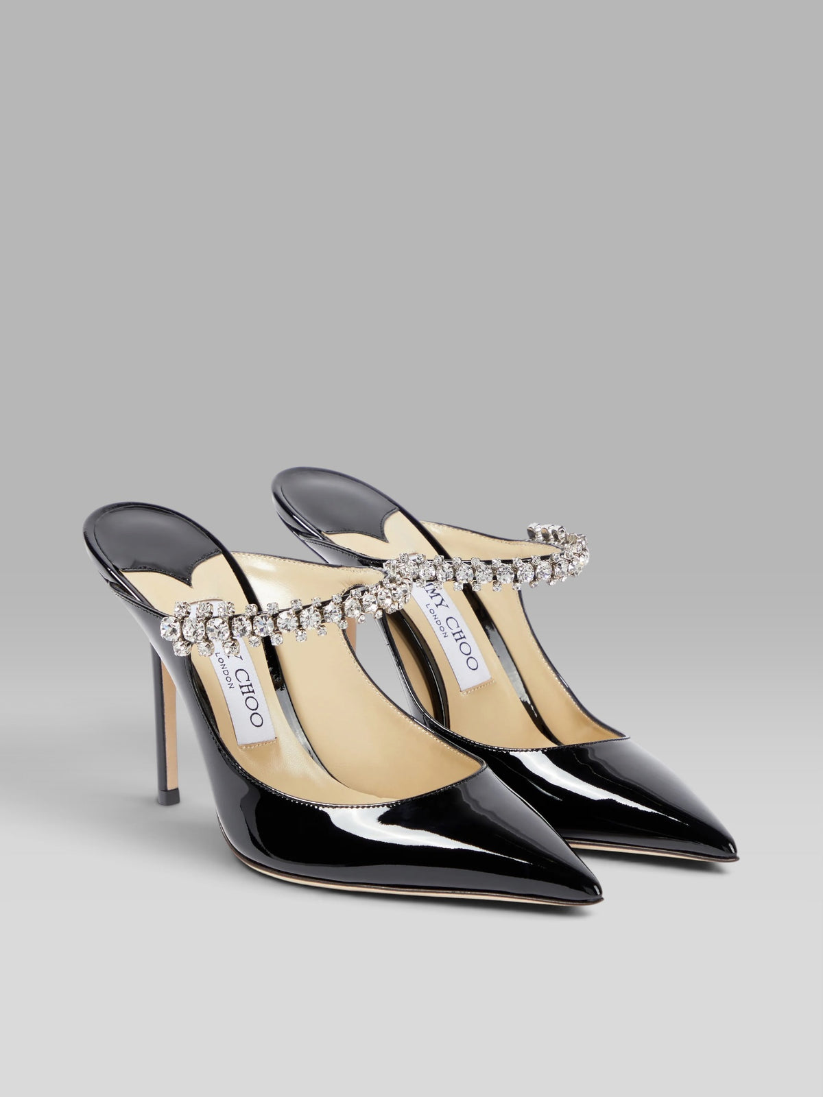 1.Jimmy Choo Bing 100 Black Patent Leather Mules with Crystal Strap