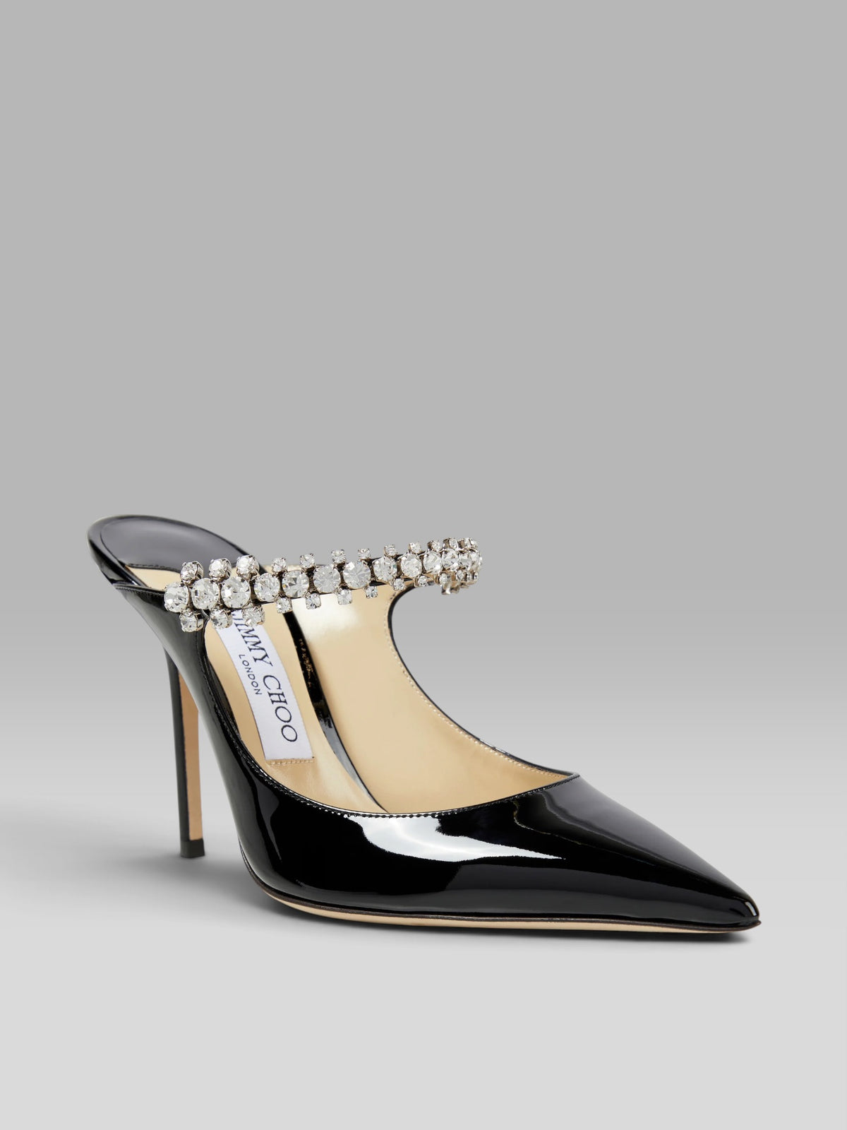 1.Jimmy Choo Bing 100 Black Patent Leather Mules with Crystal Strap