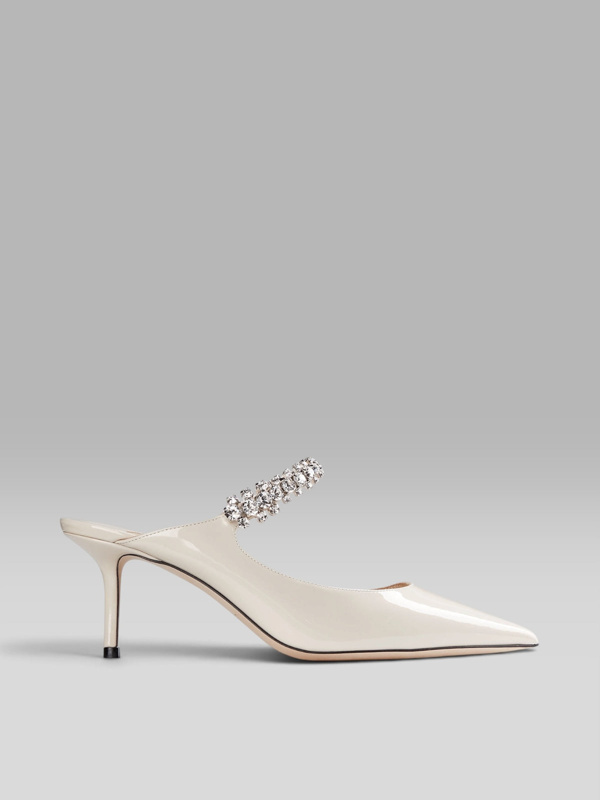 1.Jimmy Choo Bing 100 Latte Patent Leather Mules with Crystal Strap