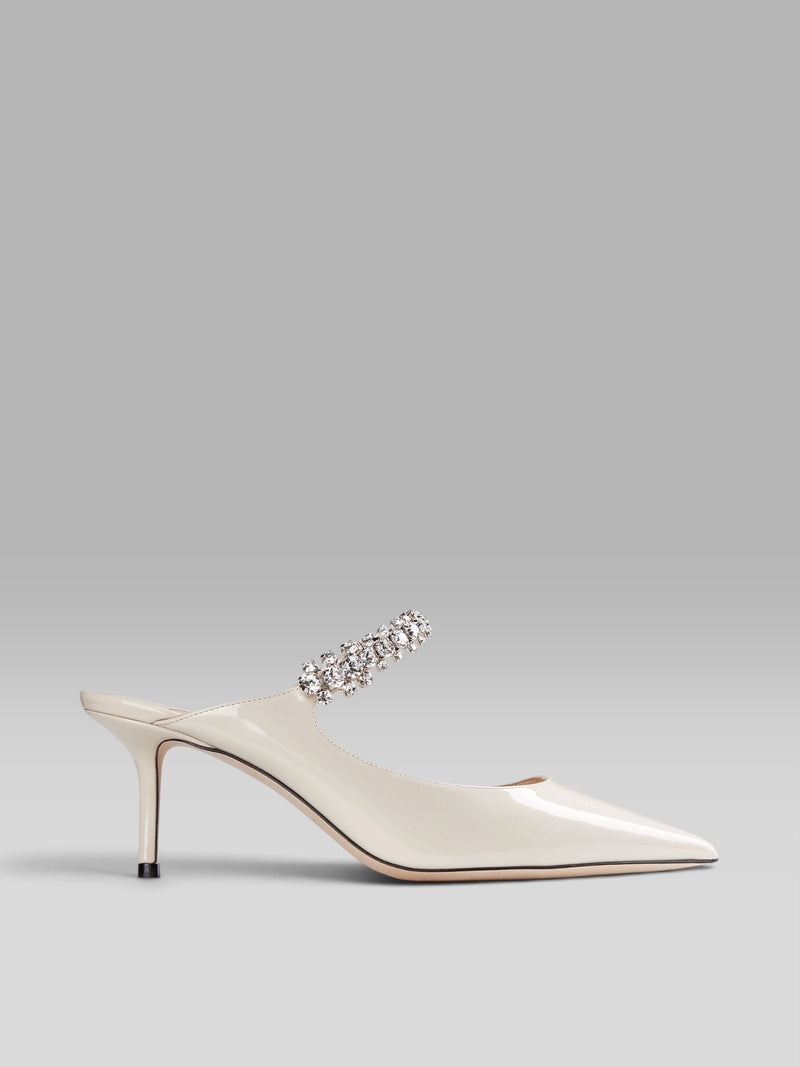 1.Jimmy Choo Bing 100 Latte Patent Leather Mules with Crystal Strap