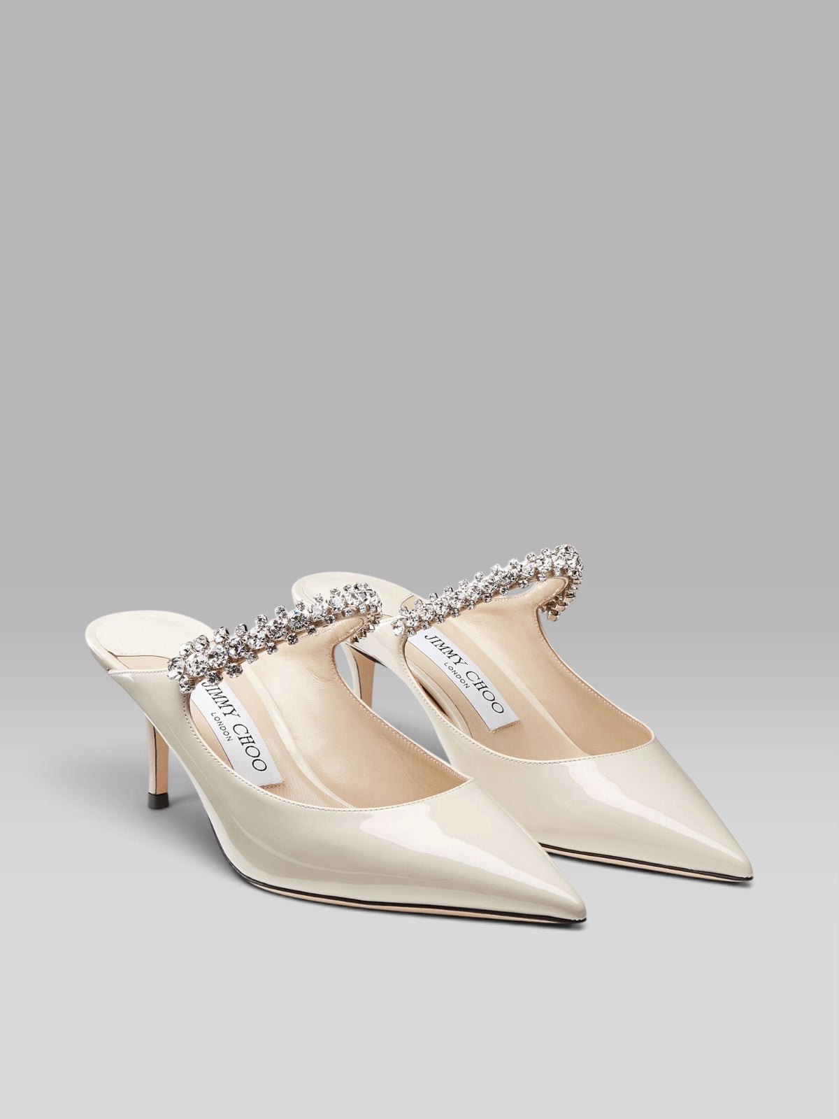 1.Jimmy Choo Bing 100 Latte Patent Leather Mules with Crystal Strap