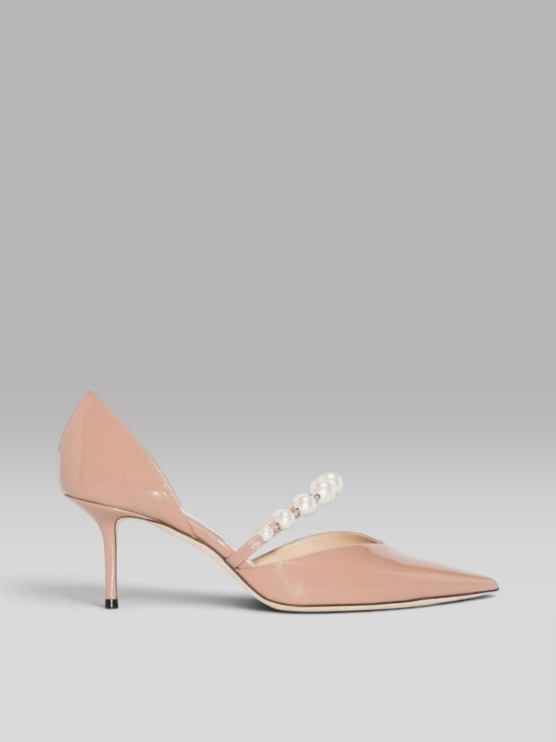 1.Jimmy Choo Bing 65 Ballet Pink Patent Leather Mules with Pearl Strap