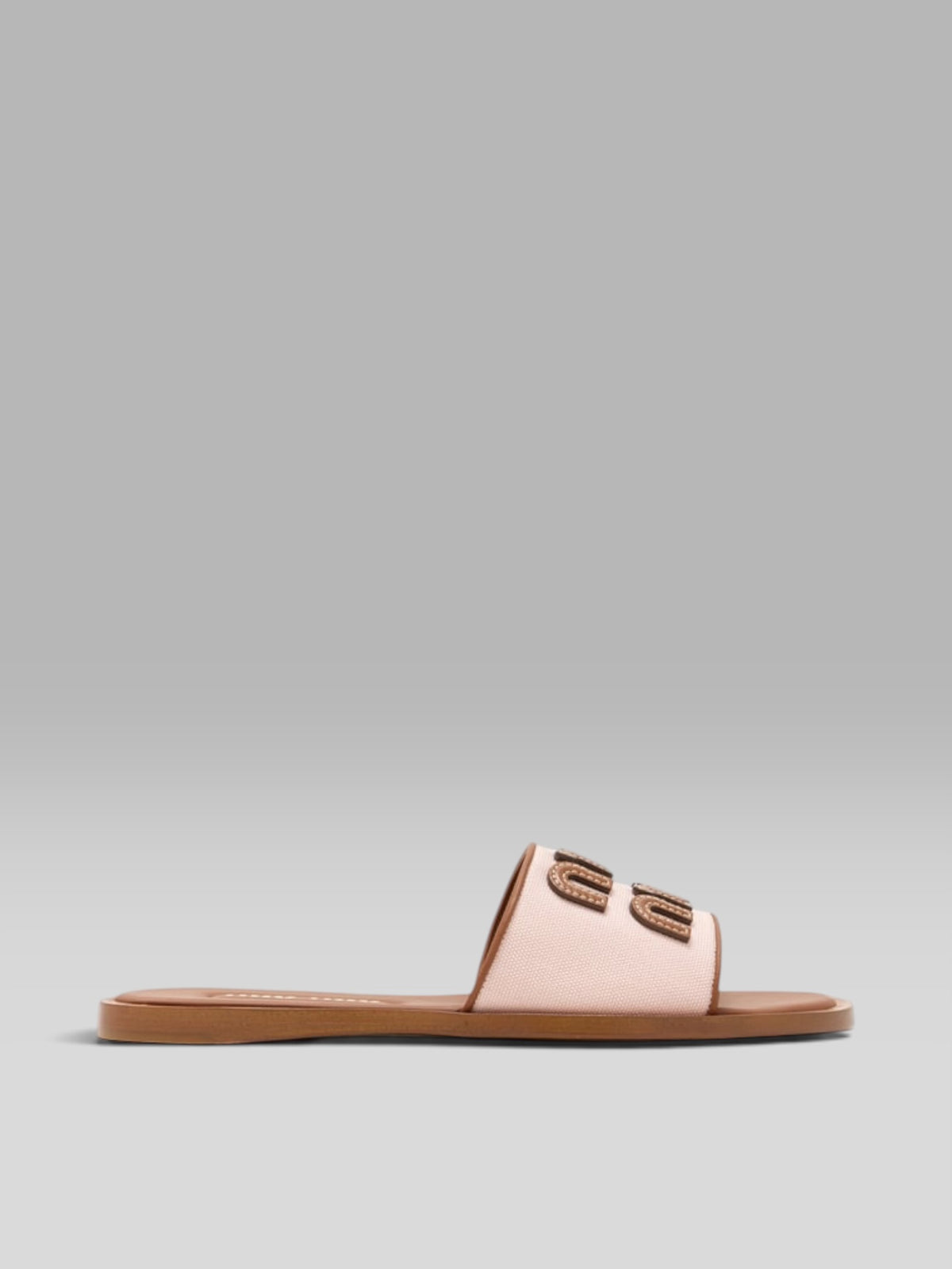 Miu Miu Canvas & Leather Slide Sandals with Embossed Logo - Alabaster Pink / Cognac