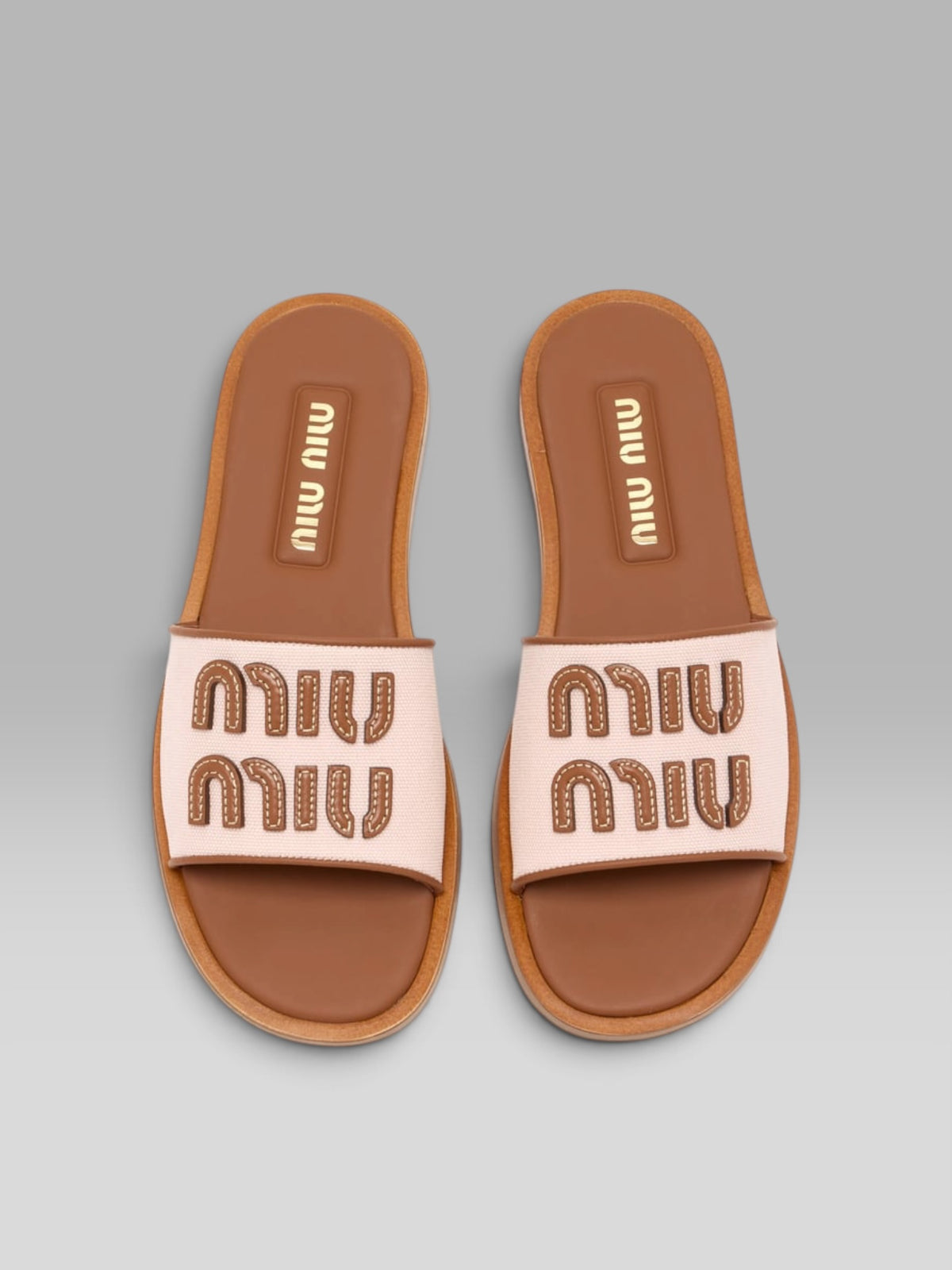 Miu Miu Canvas & Leather Slide Sandals with Embossed Logo - Alabaster Pink / Cognac