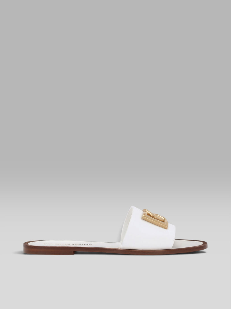 Dolce & Gabbana White Leather Flat Sandals with Gold-Tone DG Logo