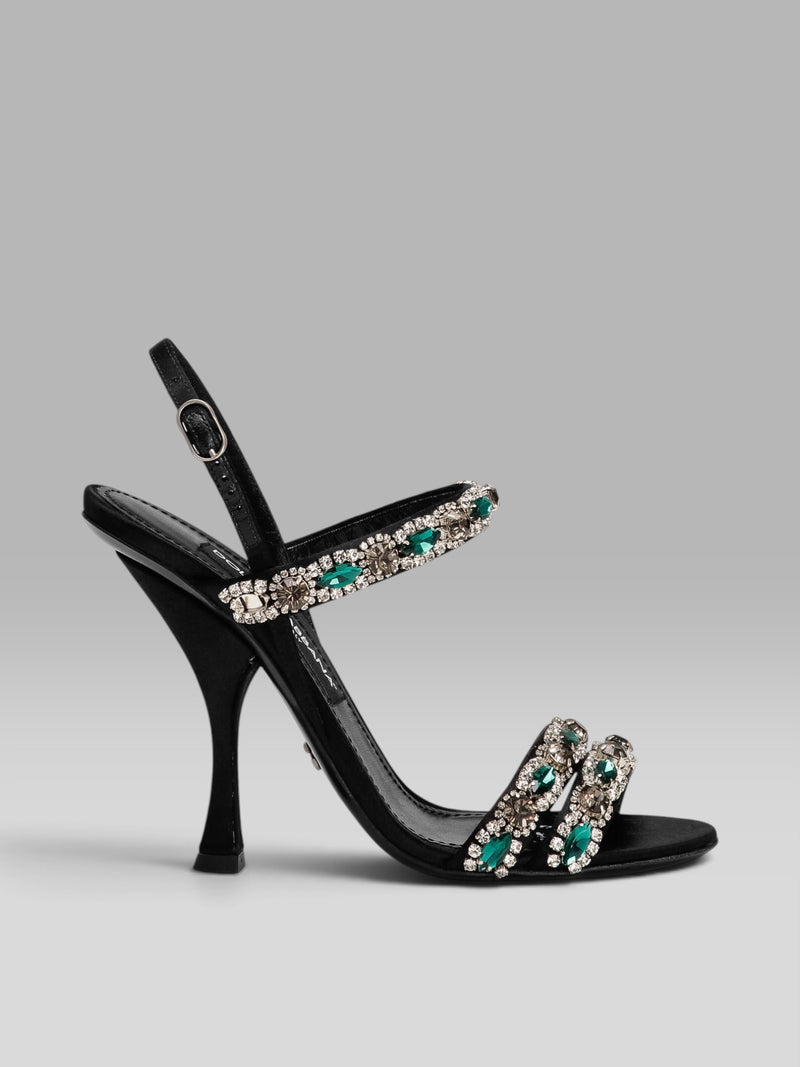 1.Dolce & Gabbana Black Satin Sandals with Green Crystal Embellishments & Slingback