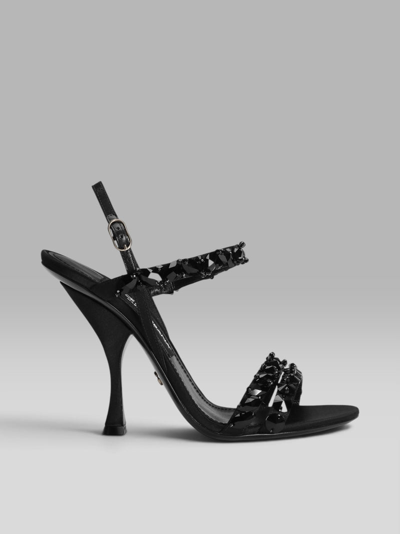1.Dolce & Gabbana Black Satin Sandals with Black Crystal Embellishments & Slingback
