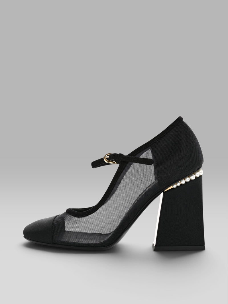 1.Chanel Black Mesh & Fabric Mary Jane Pumps with Pearl Heel Detail