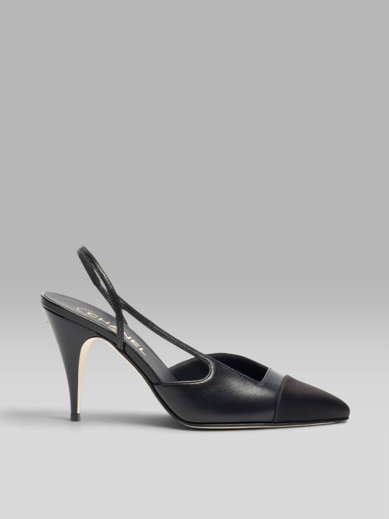 1.Chanel Black Leather & Cap-Toe Slingback Pumps with CC Logo Heel