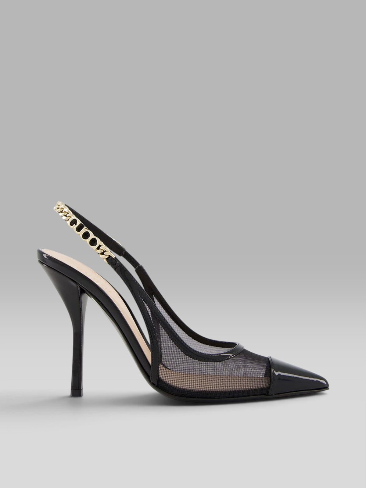 1.Gucci Black Mesh & Patent Leather Slingback Pumps with Gold-Tone Chain Strap