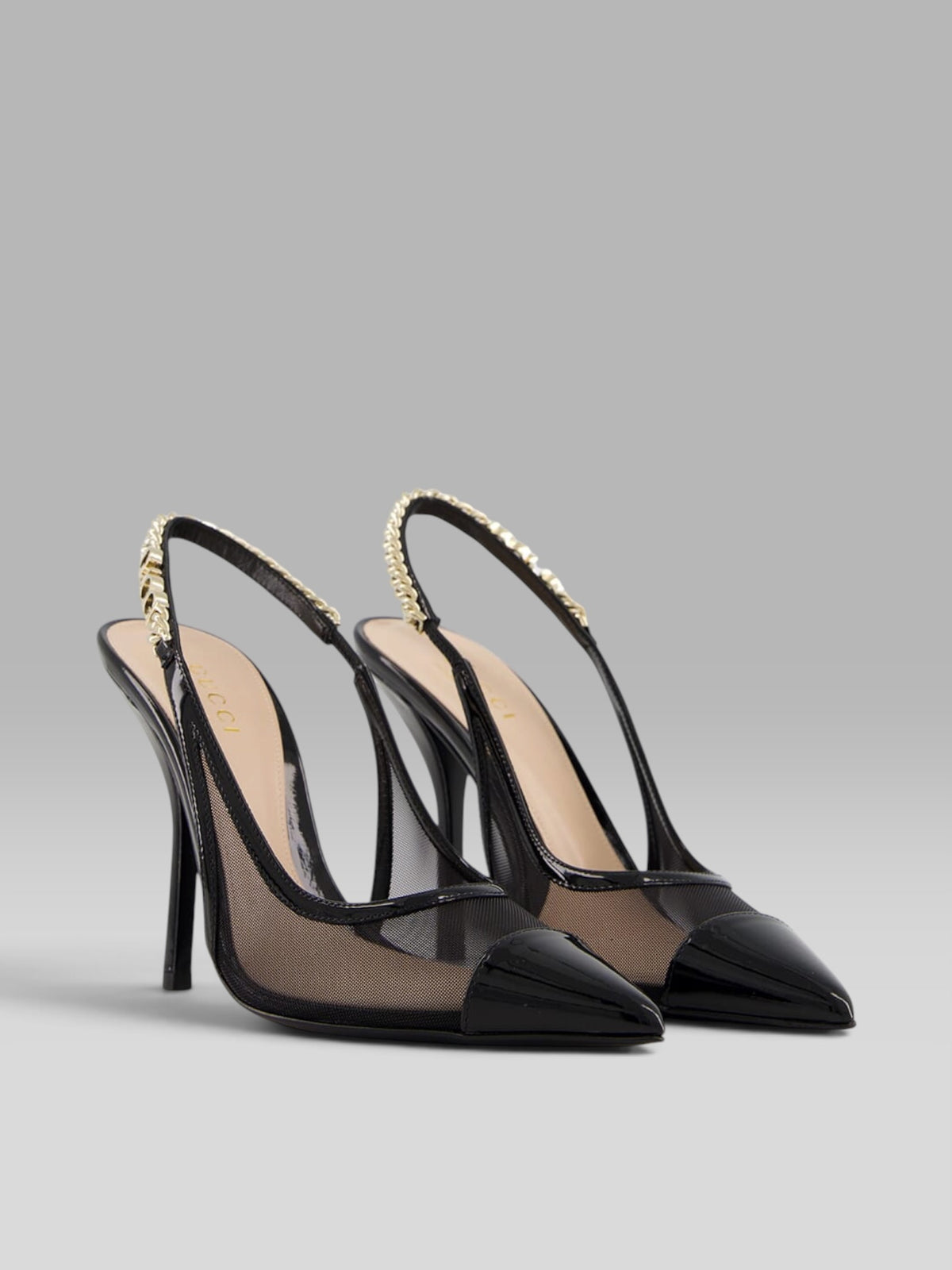 1.Gucci Black Mesh & Patent Leather Slingback Pumps with Gold-Tone Chain Strap