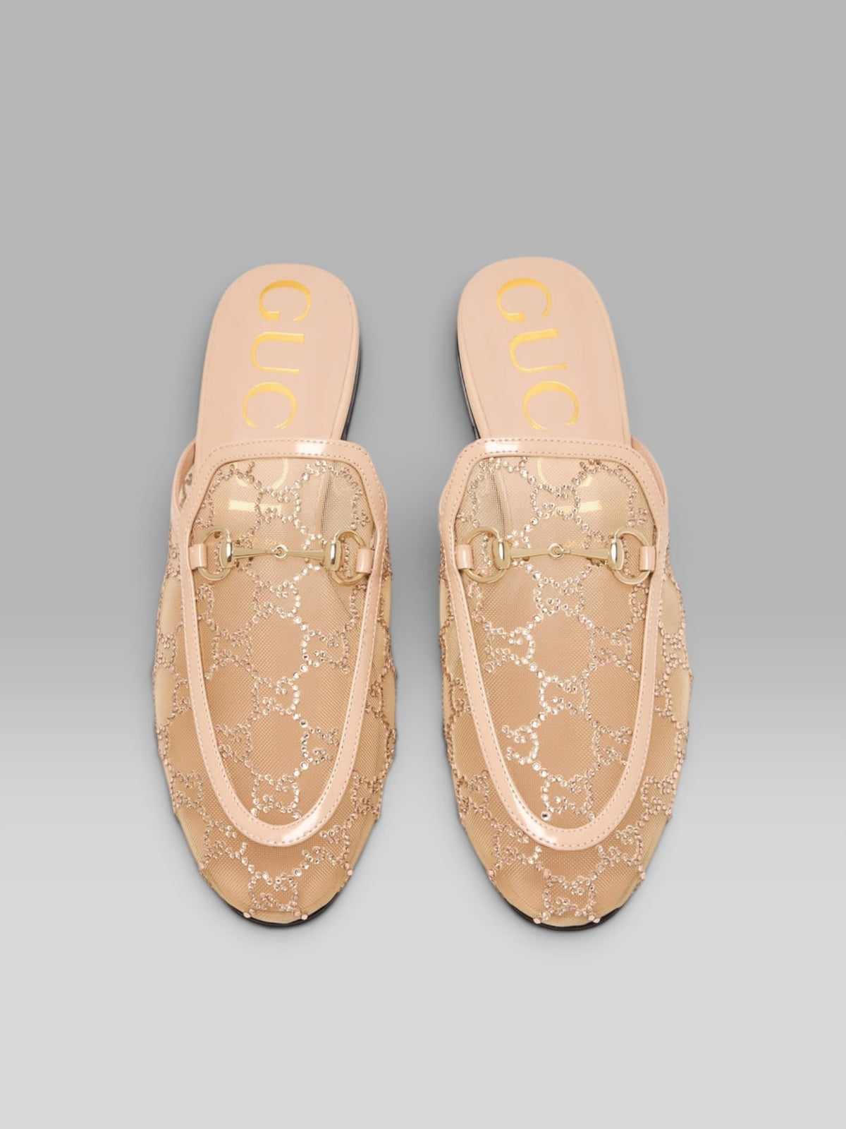 Gucci Crystal GG Mesh Horsebit Loafer Mules - Beige / Nude