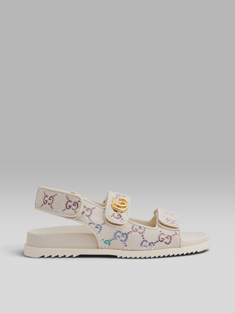 Gucci GG Supreme Crystal Embellished Canvas Flat Sandals - Ivory / Multi