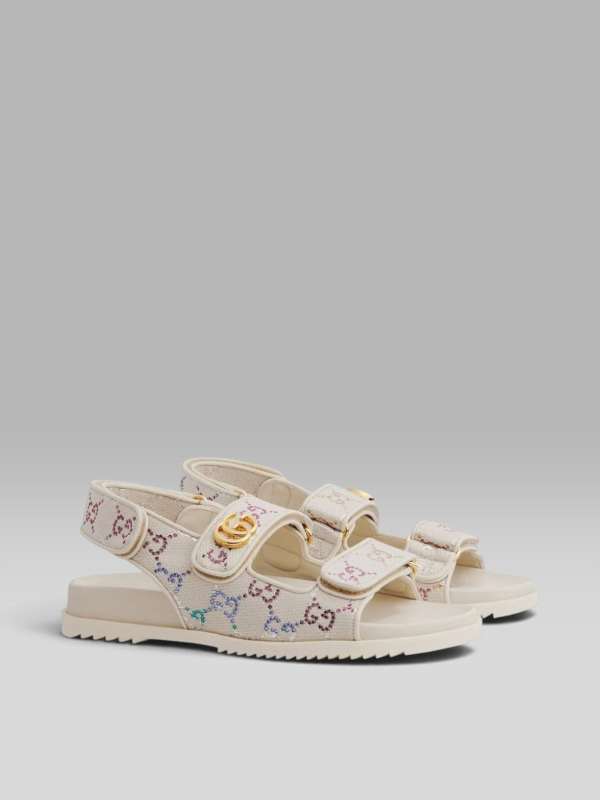 Gucci GG Supreme Crystal Embellished Canvas Flat Sandals - Ivory / Multi