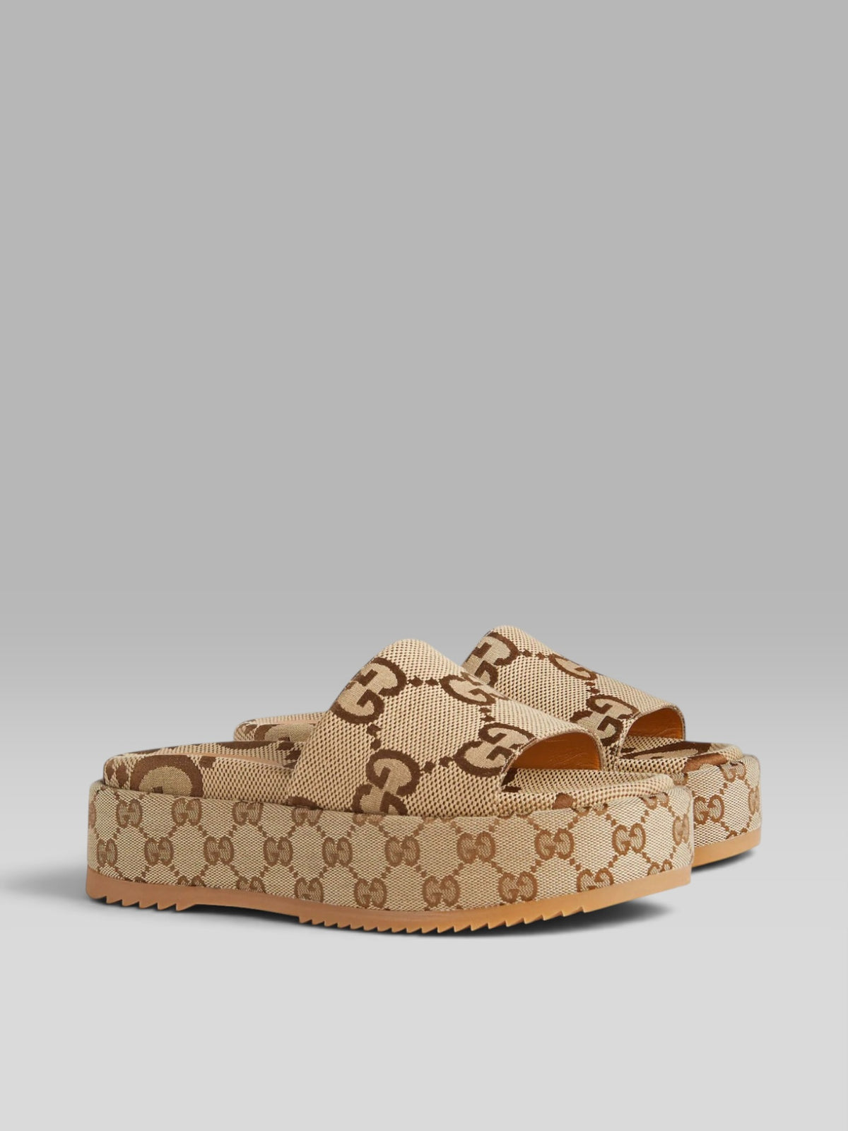 Gucci Original GG Canvas Platform Slide Sandals - Beige / Brown
