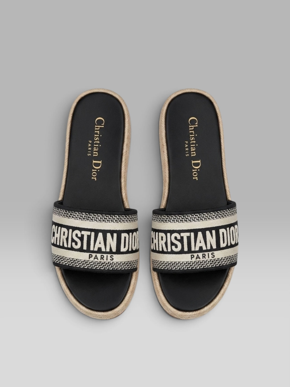Christian Dior Dway Embroidered Cotton Slide Sandals - Black / Beige