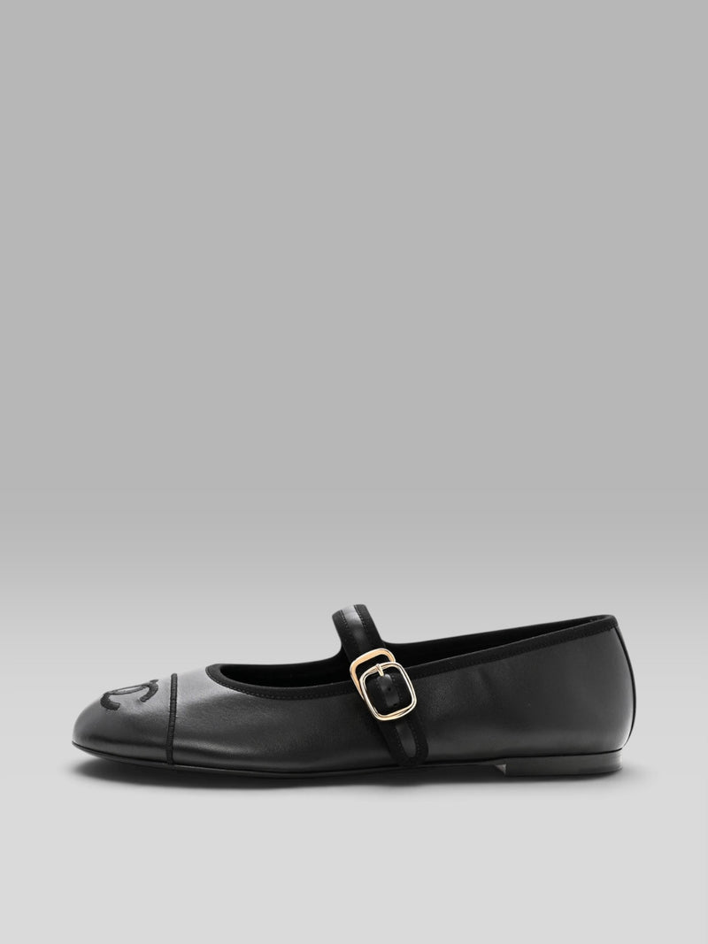 1.Chanel CC Logo Cap-Toe Mary Jane Flats - Black