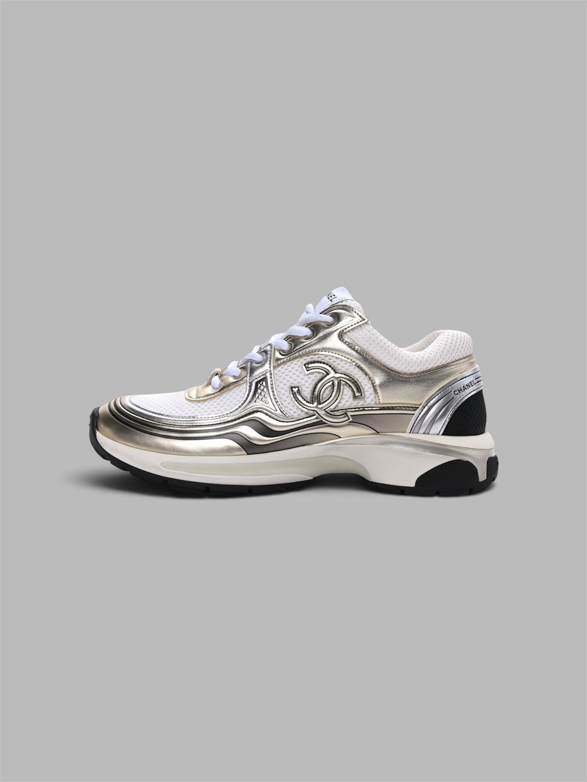 Chanel CC Logo Metallic Mesh Sneaker - White / Gold