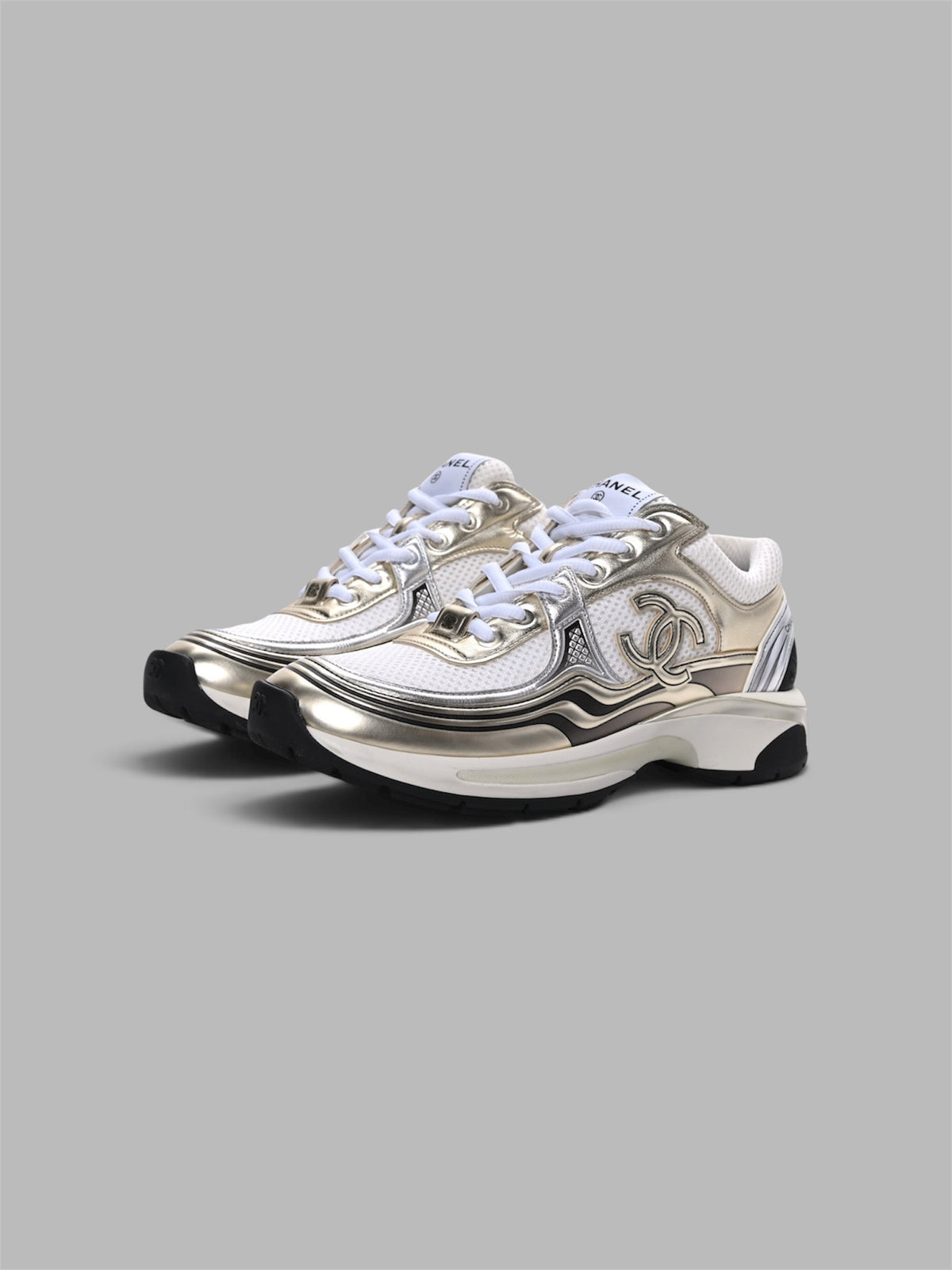 Chanel CC Logo Metallic Mesh Sneaker - White / Gold