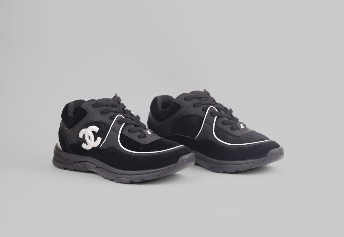 Chanel Blue/Black Velvet, Suede And Leather CC Low Top Sneakers