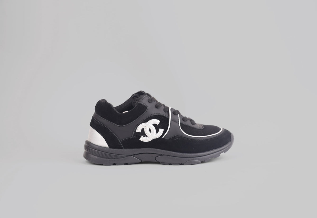 Chanel Blue/Black Velvet, Suede And Leather CC Low Top Sneakers
