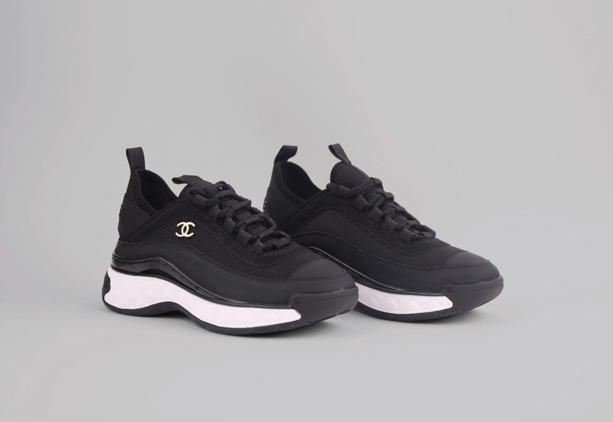 Chanel Black Leather and Nylon CC Lace Up Sneakers
