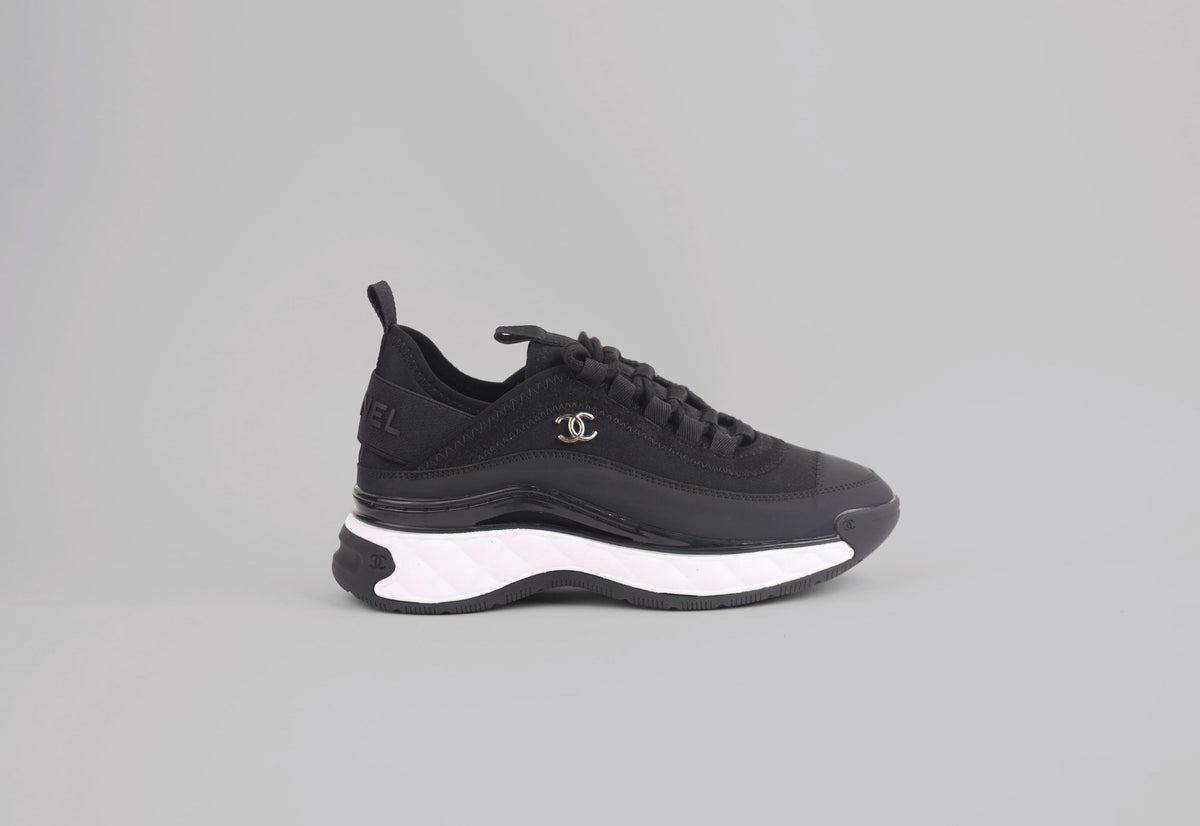 Chanel Black Leather and Nylon CC Lace Up Sneakers