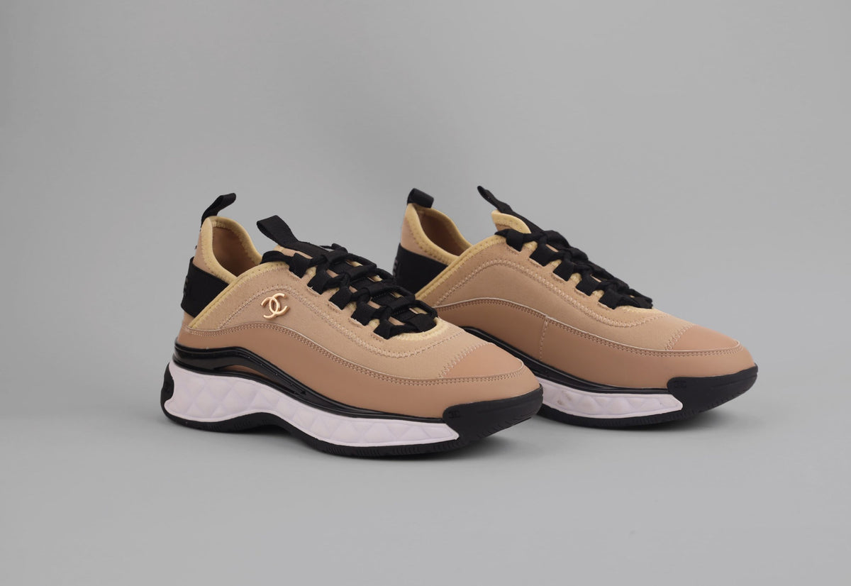 Chanel Beige Satin and Suede Calfskin Mixed Fibers CC Sneakers