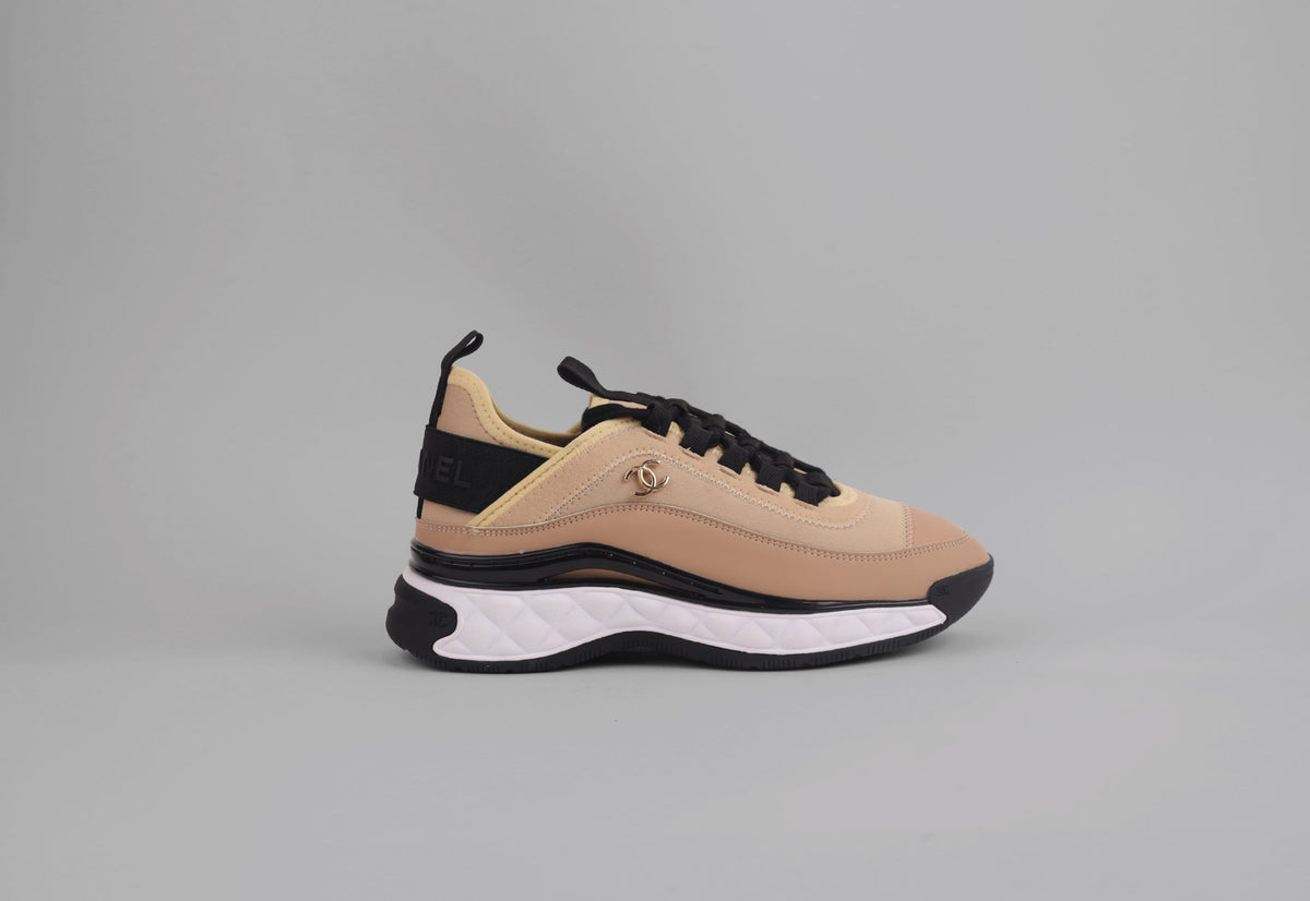 Chanel Beige Satin and Suede Calfskin Mixed Fibers CC Sneakers