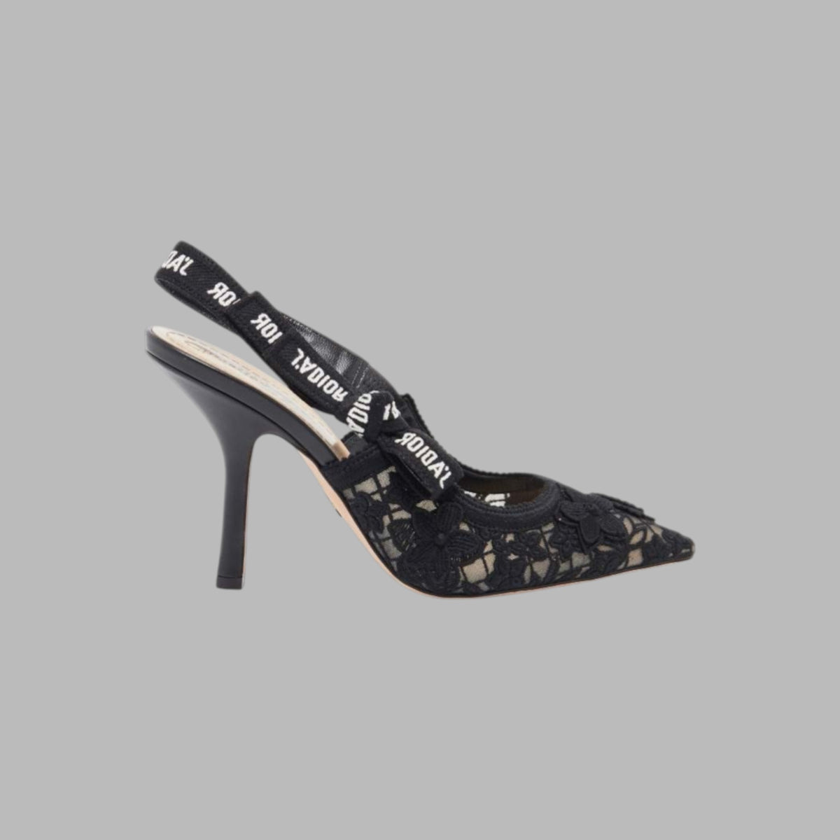J'Adior Slingback Pump Black Transparent Mesh Embroidered with Silver-Tone Strass