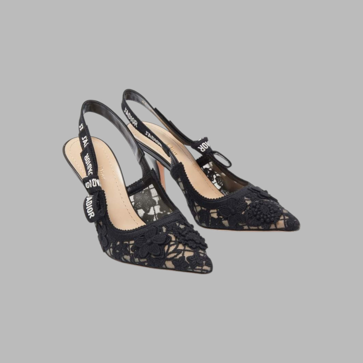J'Adior Slingback Pump Black Transparent Mesh Embroidered with Silver-Tone Strass