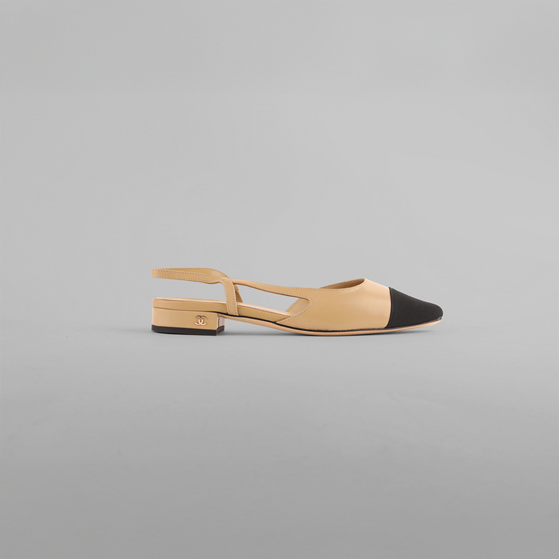 Chanel Beige Leather and Fabric Cap Toe Slingback Sandals
