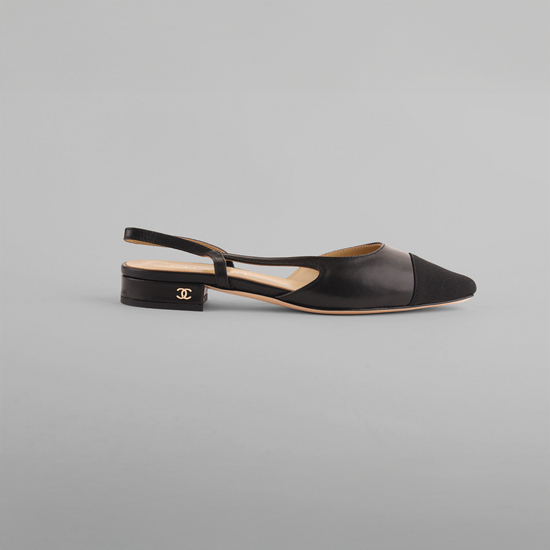 Chanel black Leather and Fabric Cap Toe Slingback Sandals