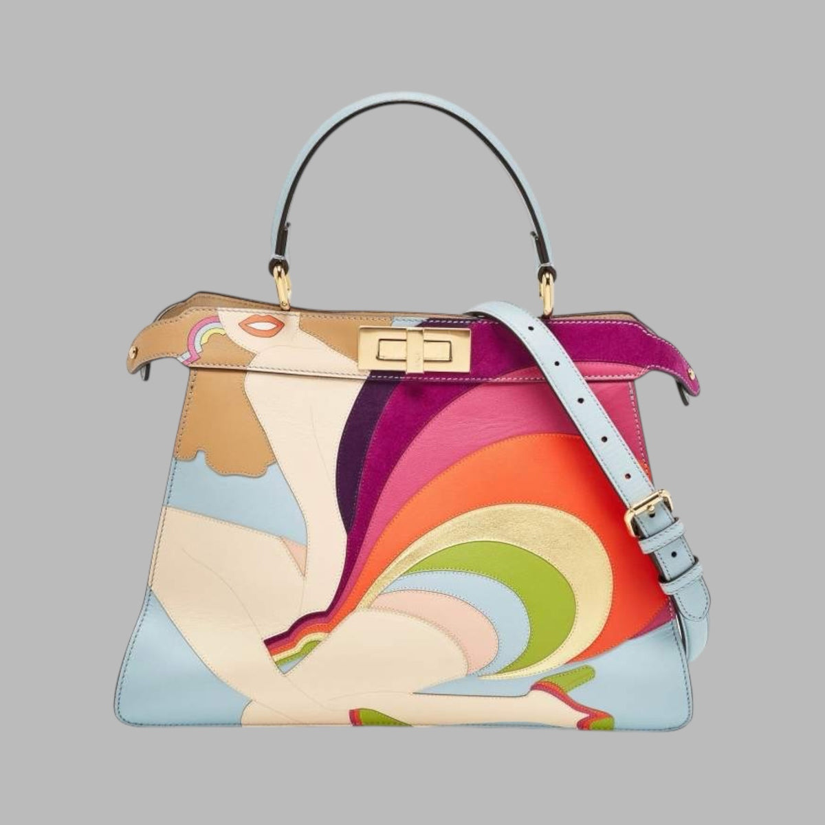 Fendi Multicolor Leather and Suede Medium Girl Inlay Peekaboo ISeeU Top Handle Bag